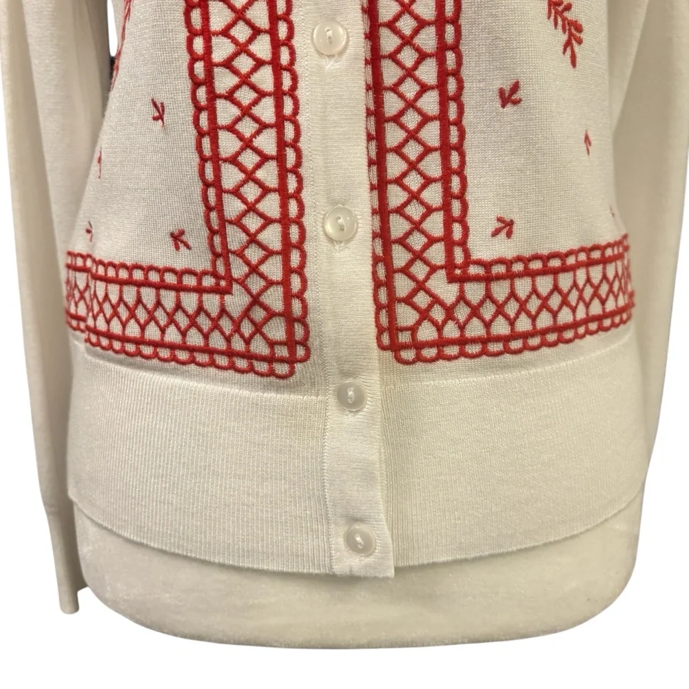 Charter Club White with Red Floral Embroidery Button up Sweater Small